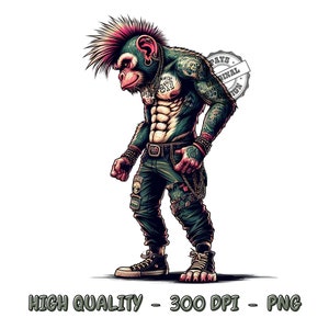 Puede incluir: Un mono punk rock verde y rojo con un mohawk, que lleva pantalones vaqueros rotos, un cinturón con tachuelas y un collar de cadena. El mono tiene tatuajes en los brazos y el pecho. La imagen tiene el texto "Days Original Art" en un círculo.