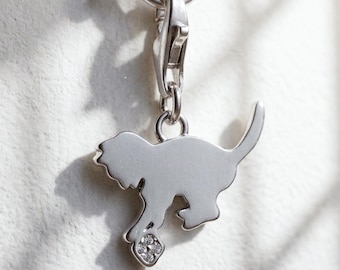 Cat Charm, Dainty Kitten Pendant with Sparkly Ball, Feline Jewelry Gift for Cat Lovers | Sterling Silver 925 Charm for Bracelet, Necklace