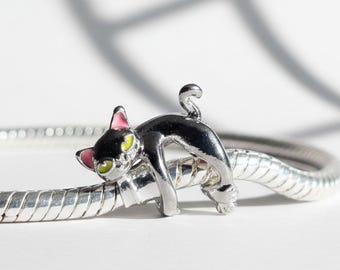 Whimsical Cat Slide-On Bead, Feline Inspired Silver Charm for Pandora style bracelets