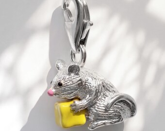Sterling Silver Mouse Charm With Cheese, Whimsical Animal Dangle Bracelet Bead