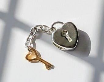 Heart Lock and Key Dangle Charm Bead, Two-Tone Love Padlock Bead, Romantic Valentine Day Gift for Her | Sterling Silver Pandora Style