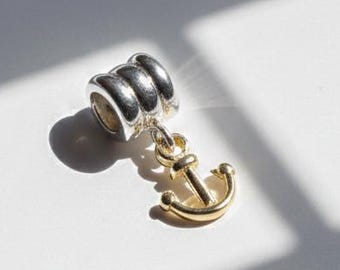 Gold Ship Anchor Dangle Bead, Nautical 925 Sterling Silver Bracelet Charm | Pandora Style Charm