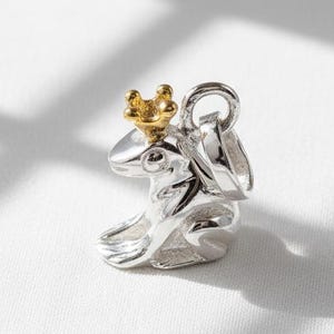 May include: A silver frog charm with a gold crown. The frog is in a seated position with its arms at its sides. The charm has a loop at the top for attaching to a necklace or bracelet. The background is white.