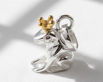 Frog Prince Charm with Gold Crown [Last One], Fairy Tale Whimsical Animal Pendant | Sterling Silver 925 Charm for Charm Bracelet | Gift