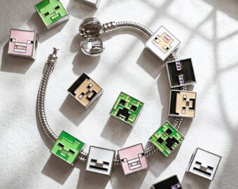 Minecraft Inspired Pixel Art Charms & Bracelet | Build Your Own Jewelry | Steve, Creeper, Enderman, Pig, Sheep, Skeleton, Zombie
