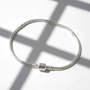 Pu&ograve; includere: Un braccialetto d'argento con un design a catena a serpente e una chiusura a barilotto. Il braccialetto &egrave; realizzato in un materiale metallico lucido ed &egrave; esposto su una superficie bianca con ombre.