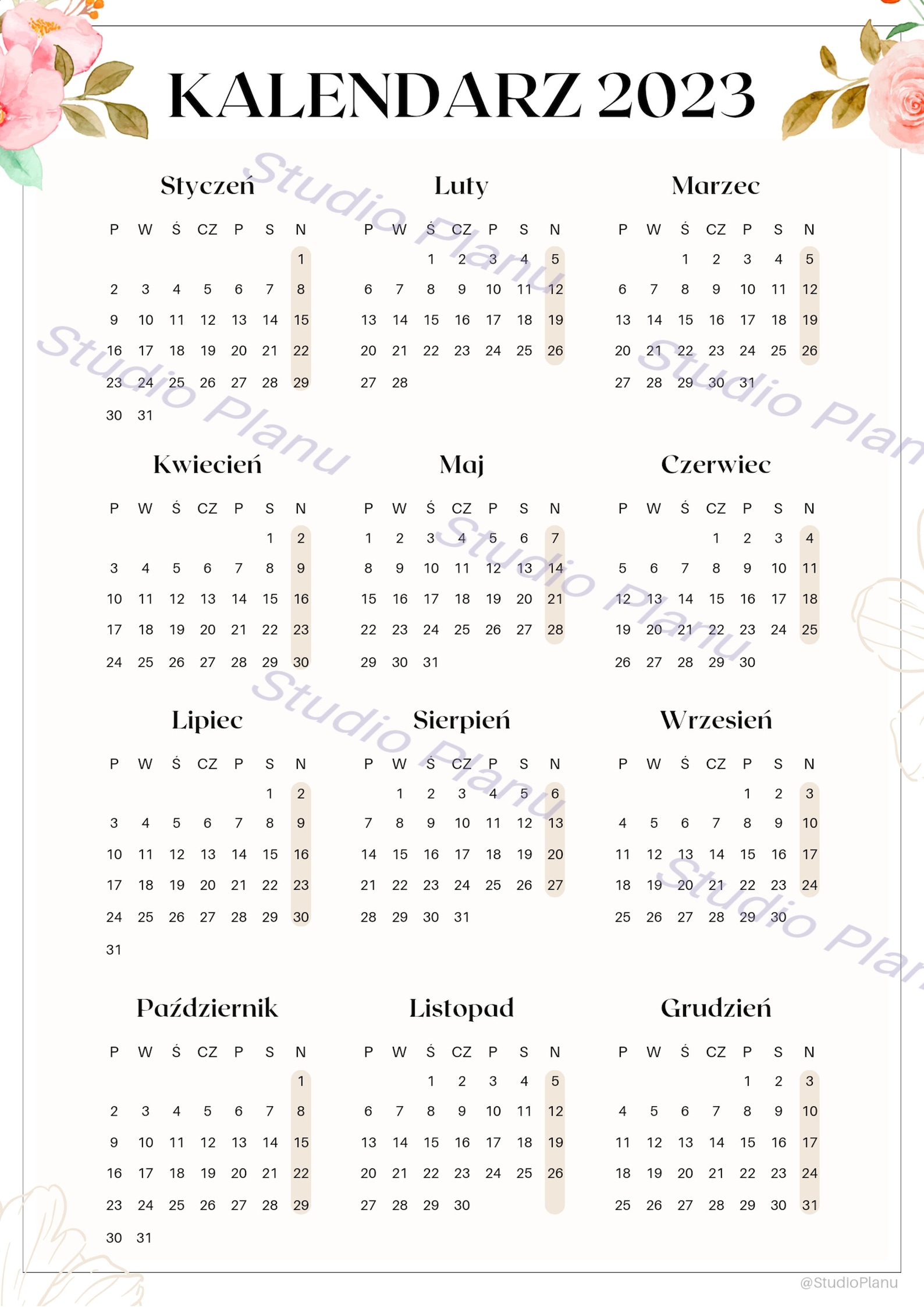 Calendar 2023 in Polish to Print, Calendars in Polish to Print, Polish