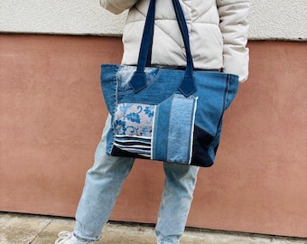 Bolso tote de mezclilla reciclada: bolso shopper hecho a mano con mezclilla reciclada y cremallera