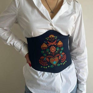 Underbust Corset Belt, Denim Corset Belt, Victorian Corset Belt, Floral Embroidered Corset