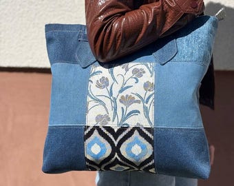 Recycled Denim Tote Bag: Handmade Zipper Shopper