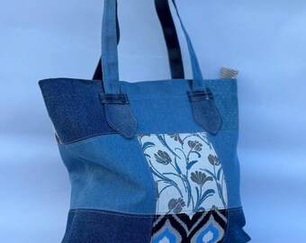 Handmade Recycled Denim Tote Bag: Zippered Boho Shopper