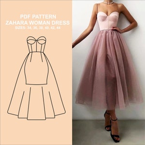 ZAHARA 女性用ドレス PDF パターン - 縫製手順付き
