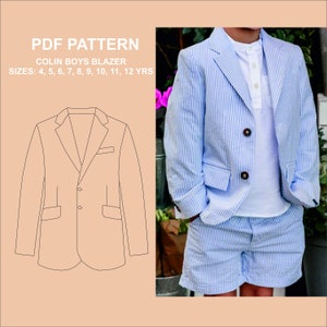 May include: A PDF pattern for a boys' blazer, with sizes 4-12 years. The pattern is shown on a white background, with a photo of a boy wearing a blue and white striped blazer and matching shorts on the right side of the image.