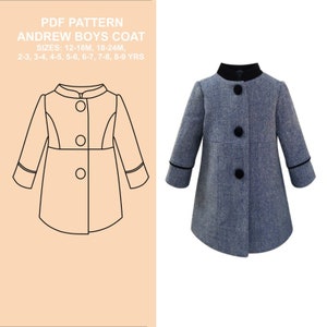 Puede incluir: Un patrón PDF para un abrigo de niño, llamado Andrew Boys Coat. El patrón incluye las tallas 12-18 meses, 18-24 meses y 2-3, 3-4, 4-5, 5-6, 6-7, 7-8 y 8-9 años. La imagen muestra un dibujo de línea del abrigo y una foto de un abrigo azul con botones negros.