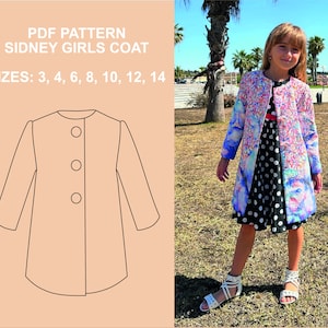 Puede incluir: Un patrón PDF para un abrigo de niña llamado "Sidney Girls Coat". El patrón incluye las tallas 3, 4, 6, 8, 10, 12 y 14. Una niña pequeña lleva un abrigo similar al patrón de la imagen.