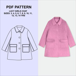 Op de afbeelding: Een PDF-patroon voor een Lucy meisjesjas. Het patroon omvat maten 3-14 jaar. Naast een roze jas is een lijntekening van de jas afgebeeld.
