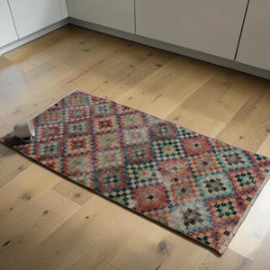 Vintage Checkered Turkish Wool Rug  | Boho Entryway Carpet 2x4