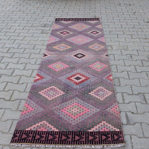 2x10 Purple Long Runner Rug, Turkish Geometric Runner, Vintage Hallway Rug, 2.5x9.8 ft Entrance Rug, Stair Rug, Corridor Rug, Oushak Runner