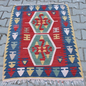 2 x 3 rood en blauw geometrisch Turks kelimtapijt, vintage vloerkleed, handgemaakt wollen slaapkamertapijt, vloerkleed woonkamer, 2,4 x 3,6 ft tribal etnisch tapijt