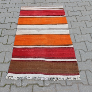 Handmade Wool Kilim Rug: Orange, Red & Brown Striped Vintage Carpet (2x4)