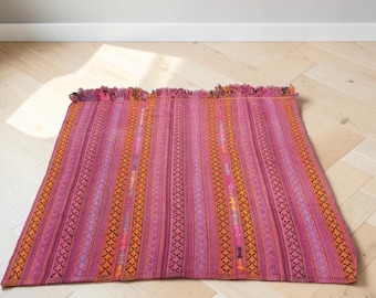 Pink Striped Turkish Kilim Rug: Vintage Wool Anatolian Carpet (4.5 x 5.1 ft)