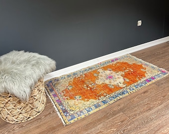 Alfombra turca vintage con estampado floral naranja: alfombra Oushak de lana tejida a mano (60 x 120 cm)