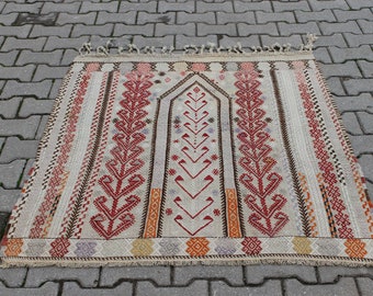 Small Beige Rug, Turkish Kilim Rug, Vintage Small Decor Rug, Living Room Rug, Unique Rug, 3.6x4.0 ft, Bedroom Wool Rug, Laundry Room Rug