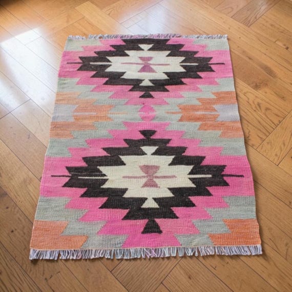 Pink Geometric Kilim Rug: Vintage Turkish Cotton Rug (2.0 x 3.4 ft)