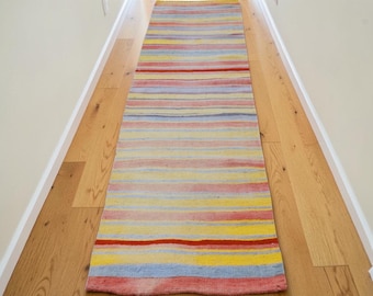 Colorful Turkish Kilim Rug Runner, Striped Wool Entryway Carpet (2.0 x 9.8 ft)