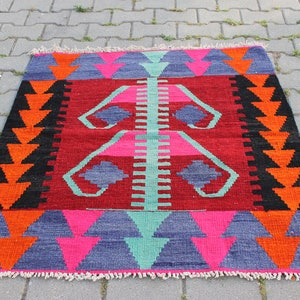 Turquoise and Pink Kilim Geometric Rug, Vintage Turkish Handmade Wool Area Rug for Entryway or Outdoor, 3.2x3.7 Square Colorful Kitchen Rug