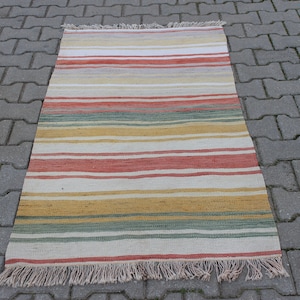 2x5 Turkish Oushak Striped Kilim Rug, Colorful Small Handmade Rug, Vintage Anatolian Area Carpet for Entryway or Hallway, Bathroom Floor Rug