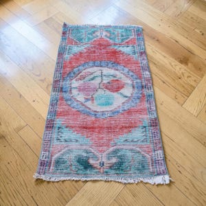Vintage Turkish Area Rug, Red and Blue Floral Wool Rug (2.0x4.3 ft)
