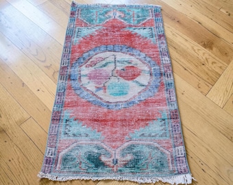 Vintage Turkish Area Rug, Red and Blue Floral Wool Rug (2.0x4.3 ft)