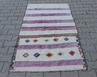 3x5 Beige and Purple Area Rug, Turkish Wool Rug, Living Room Rug, Boho Vintage Rug, Handmade Kilim Rug, Bohemian Rug, 3.0x5.7 ft Striped Rug