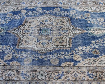 6x10 Vintage Turkish Wool Rug, Blue Floral Oushak Carpet