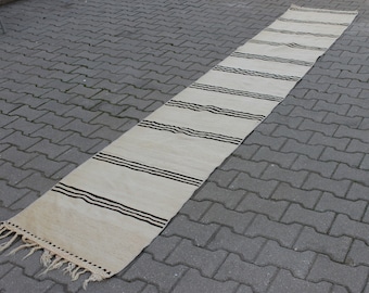 Cream Striped Long Kilim Runner: Vintage Turkish Tribal Hallway Rug (2.0 x 12.6 ft)