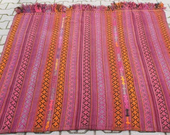 Pink Striped Turkish Kilim Rug: Wool Anatolian Carpet (4.5 x 5.1 ft)