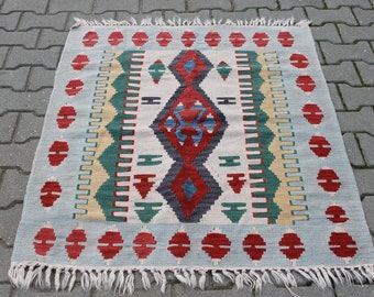 Red and Blue Turkish Kilim Rug: Vintage Wool Area Rug (3.1 x 3.9 ft)