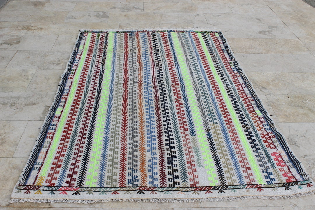 Neon Turkish Kilim Rug 4x5: Colorful Vintage Wool Area Rug - Etsy