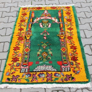 Small Green Turkish Wool Rug, Oriental Prayer Rug (2x4 ft)