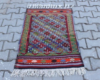 Turkish Vintage Kilim Rug: Small Wool Tribal Rug for Kitchen (2.2 x 3.4 ft)