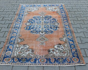 Alfombra turca vintage, medallón floral naranja, 1,16 x 1,98 m
