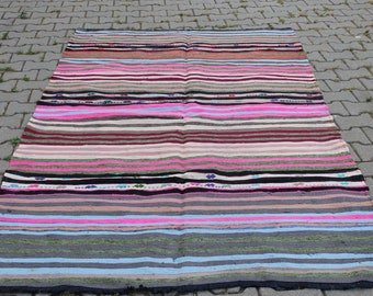 Vintage Turkish Kilim Rug 4'7" x 8'1", Striped Cotton Orlon Blend