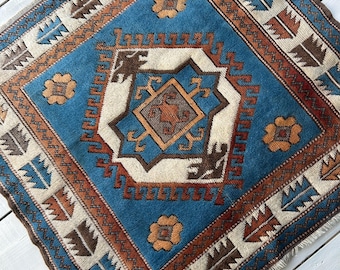 Vintage Turkish Wool Rug: Blue & Brown Handmade Square Tribal Carpet (3.8 x 4.0 ft)