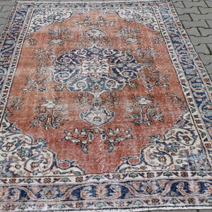 Vintage Floral Turkish Rug 4.6x7.6 ft, Orange and Blue Oushak Rug, Wool Area Rug, Floor Rug, Home Decor Rug, Living Room Carpet, 70s Rug