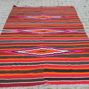 4x8 Distressed Vintage Turkish Red Kilim Rug, Striped Boho Area Floor Rug for Bedroom or Dining Room, Multicolor Anatolian Living Room Rug