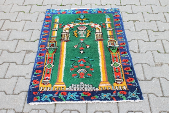 Small Green Islamic Prayer Rug, Vintage Turkish Oushak Rug