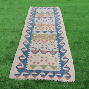 Geometric Kilim Runner Rug, Wool Turkish Area Rug, 1.8x6.6 ft Vintage Hallway Rug, Corridor Rug, Stair Rug, Beige and Blue Antique Carpet