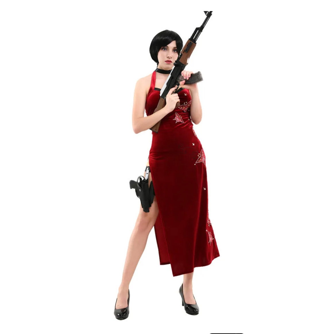 Resident Evil 4 Ada Wong Cosplay Costume Embroidered Cheongsam Style Red  Dress