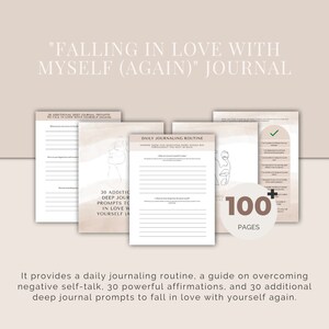 May include: A journal cover with a watercolor background and the text "Falling in Love With Myself (Again)" Journal. The journal has 100+ pages and includes a daily journaling routine, a guide on overcoming negative self-talk, 30 powerful affirmations, and 30 additional deep journal prompts.